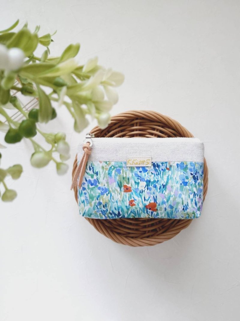 [FWL/four-layer small wallet] blue wisteria flower sea, Japanese first dyed stripes, French Silver onions - กระเป๋าใส่เหรียญ - ผ้าฝ้าย/ผ้าลินิน สีน้ำเงิน