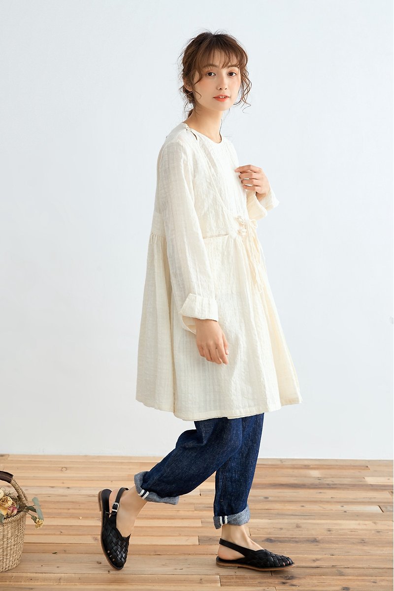Irregular design side cardigan bow tie blouse shirt mid-length Japanese wide version - Women's Tops - Cotton & Hemp 