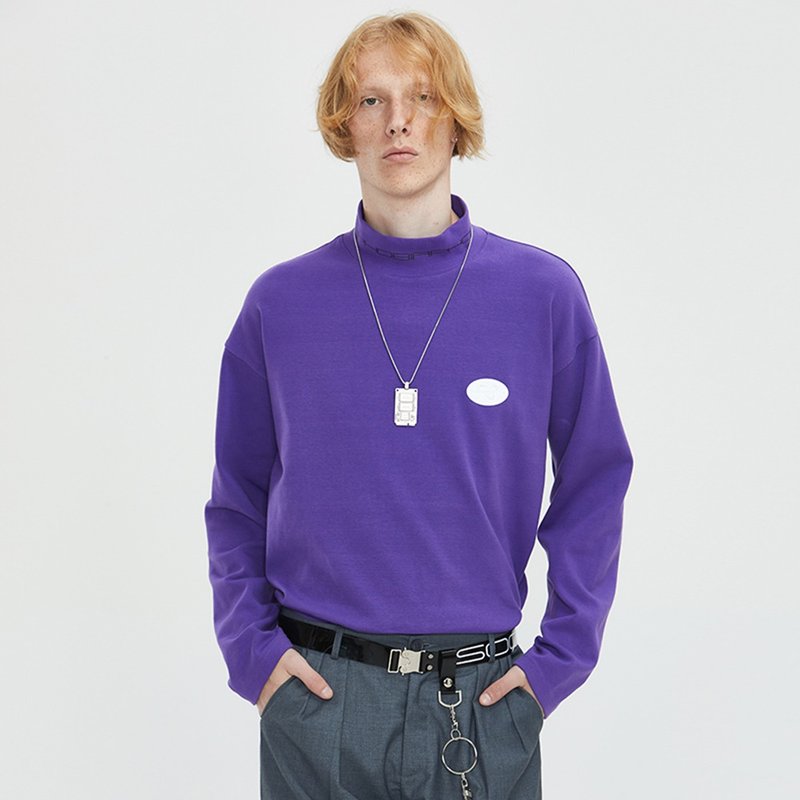 SIDEEFFECT T-SHIRT Cotton Turtleneck Solid Color Long Sleeve T-Shirt - Men's T-Shirts & Tops - Cotton & Hemp Purple