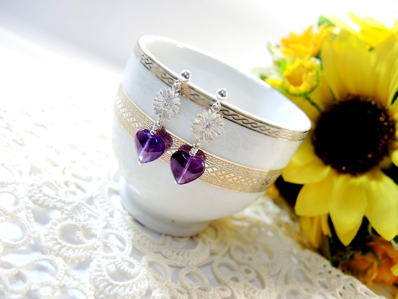 "Sunflower" bright princess wind sunflower heart-shaped amethyst earrings - Earrings & Clip-ons - Gemstone Purple