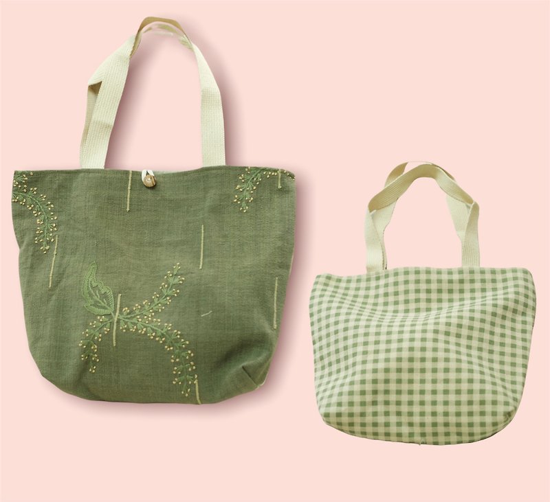 ผ้าฝ้าย/ผ้าลินิน กระเป๋าถือ สีเขียว - กระเป๋าผ้าฝ้ายสีเขียว ปักลายดอกไม้