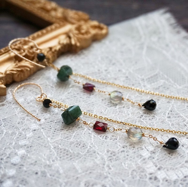 Colorful Gems Emerald Garnet Black Spinal 2Way Handmade Pierce - Earrings & Clip-ons - Semi-Precious Stones 
