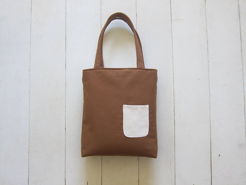 A4 Tote (Medium) -Denim + Outer Pocket (Chestnut+Creamy-White) - Messenger Bags & Sling Bags - Cotton & Hemp Brown