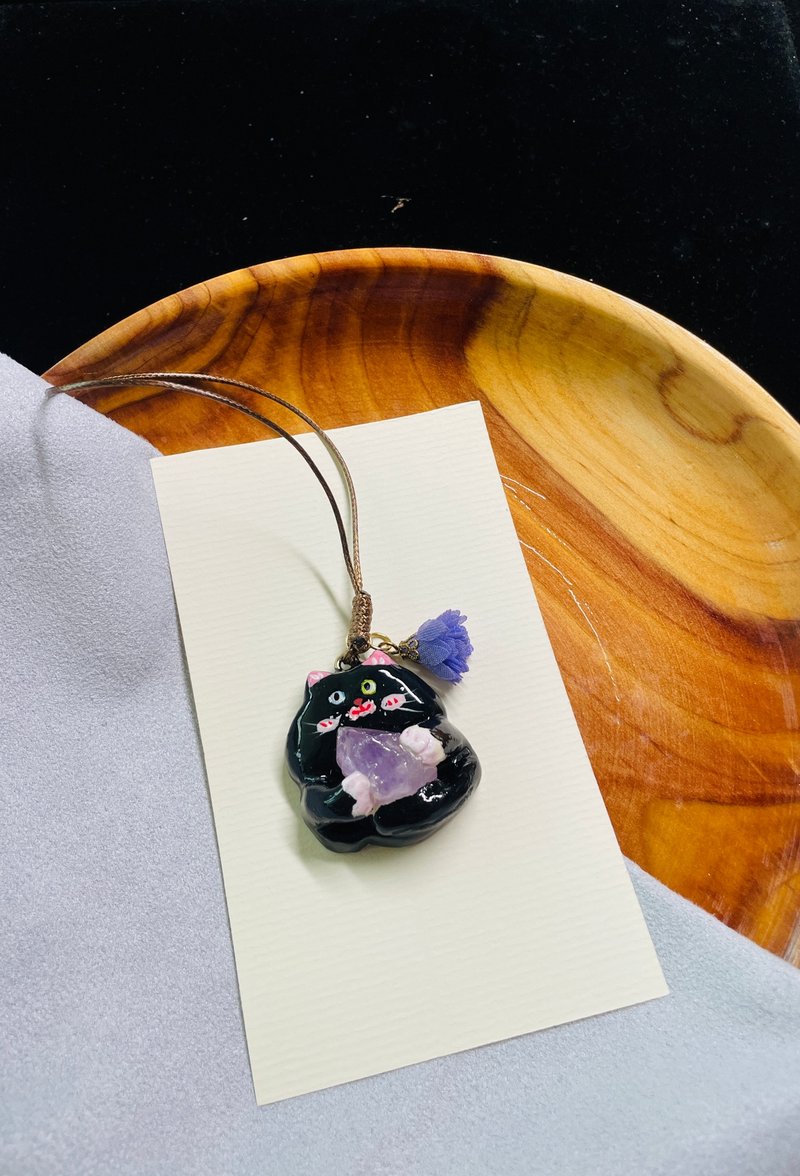 能量守護小小喵手作療癒吊飾 紫水晶/禮物/可愛小物 - 吊飾/掛飾 - 水晶 黑色
