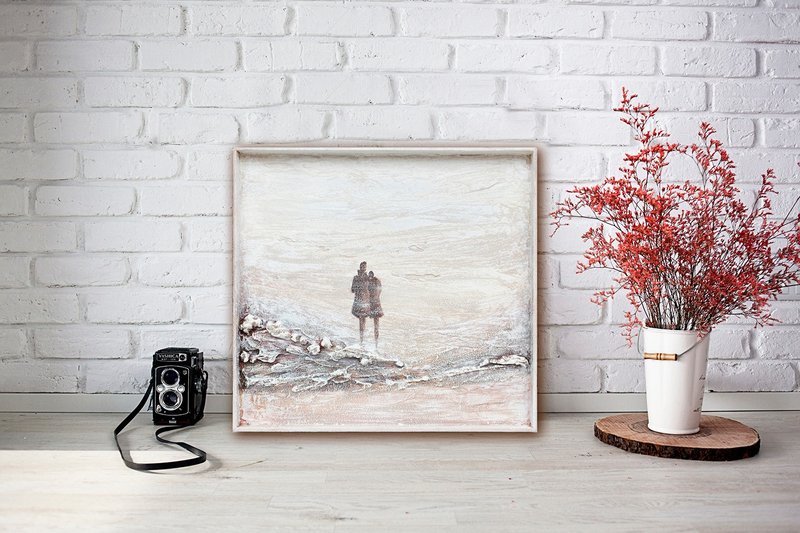 Small textured abstract painting in light brown colors, a woman with a man,love. - 壁貼/牆壁裝飾 - 壓克力 咖啡色