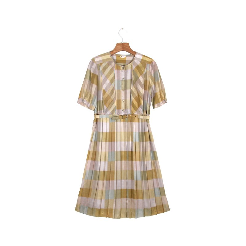 Ancient】 【egg plant Jin Ping grid printing short-sleeved vintage dress - ชุดเดรส - เส้นใยสังเคราะห์ หลากหลายสี