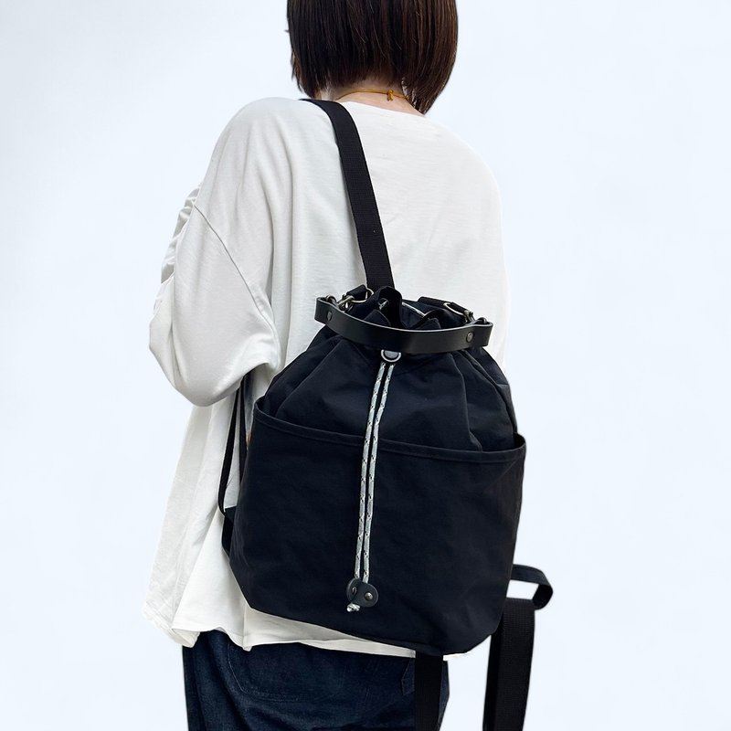 Small backpack, black, KONBU, water-repellent nylon material, drawstring backpack, made to order - กระเป๋าเป้สะพายหลัง - ไนลอน สีดำ