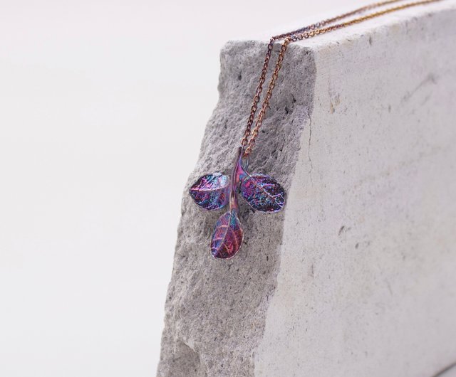 Patinas on sterling silver red flower loropetalum leaf necklace