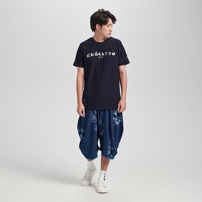 Edo Katsu Japanese style Katsutaro series Katsutaro printed short-sleeved T-shirt - Men's (1cm blue) #Top - เสื้อยืดผู้ชาย - ผ้าฝ้าย/ผ้าลินิน สีน้ำเงิน