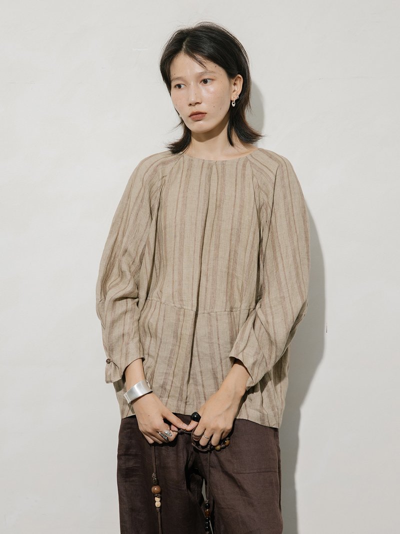 French Vintage / Cocoon-shaped Striped Shirt / Linen - Women's Shirts - Other Materials Khaki