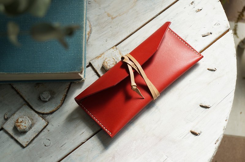 Red tied rope storage pen case - Pencil Cases - Genuine Leather Red