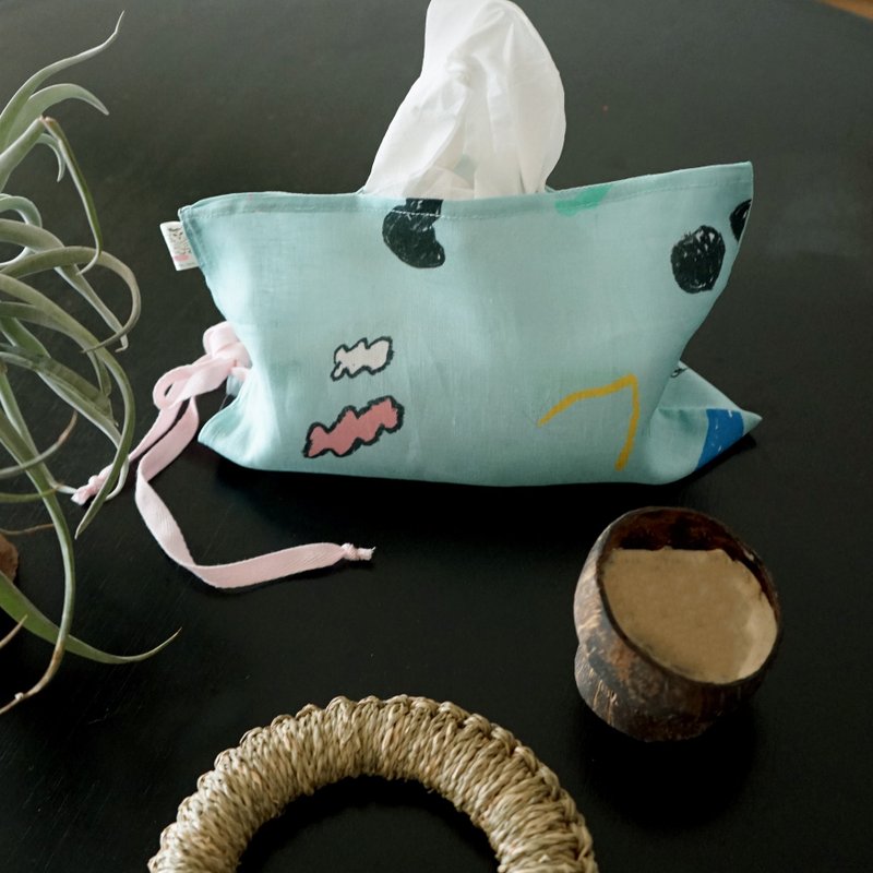 大腳與愛 印花布料 3way萬用面紙套 - 面紙盒 - 棉．麻 綠色