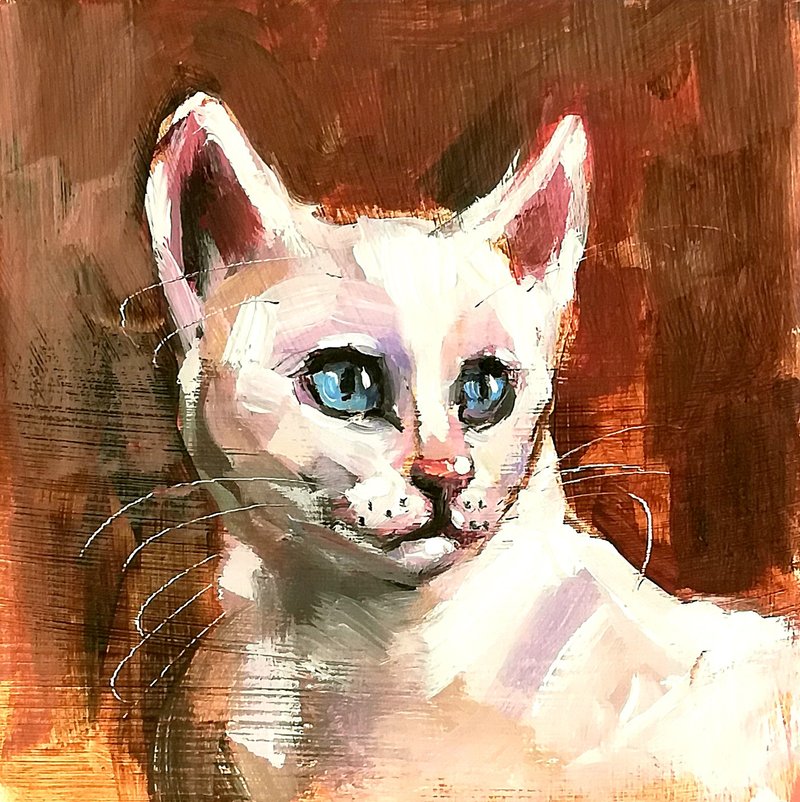 White Cat Original Oil Painting Pet Animal Portrait Cat Lovers Art - โปสเตอร์ - วัสดุอื่นๆ หลากหลายสี