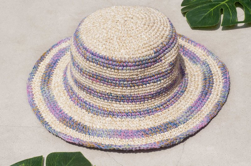Hand-woven cotton Linen hat knit cap hat sun hat straw hat - French gradient Rainbow Forest - Hats & Caps - Cotton & Hemp Multicolor