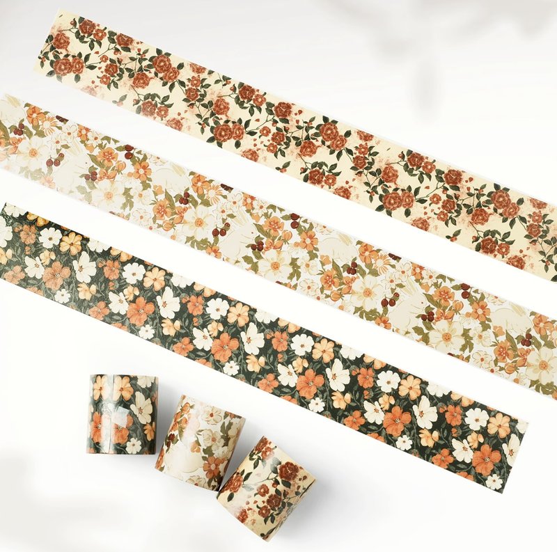 Red Camellia + Dusk Poppy + Rabbit Flower Sea Washi Tape 5m Roll 3 Roll Set - Washi Tape - Paper Multicolor