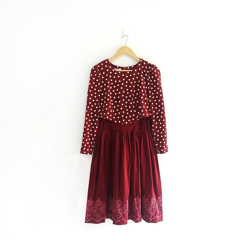 │Slowly│Retro polka dot. Corduroy-vintage dress│vintage.Retro.Art. - ชุดเดรส - วัสดุอื่นๆ สีแดง