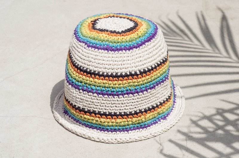 Tanabata gift limit a South American style stitching hand-woven cotton Linen cap / hat / visor / Patchwork cap / hat handmade / hand-crocheted hat / hand-woven - Ice Cream Rainbow Forest Summer crocheted striped cotton Linen cap - Hats & Caps - Cotton & Hemp Multicolor