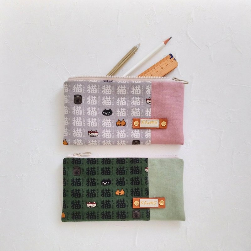 [FAW/Universal Long Clip (Medium)] Cat Japanese canvas with compartments inside! - Pencil Cases - Cotton & Hemp Multicolor