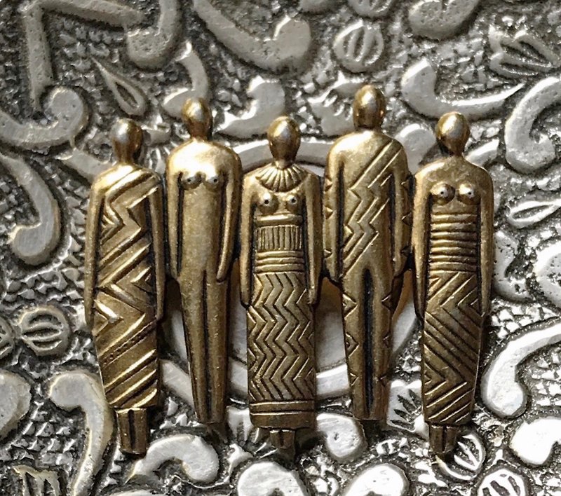 Brass tribal character vintage brooch vintage brooch - เข็มกลัด - ทองแดงทองเหลือง สีทอง