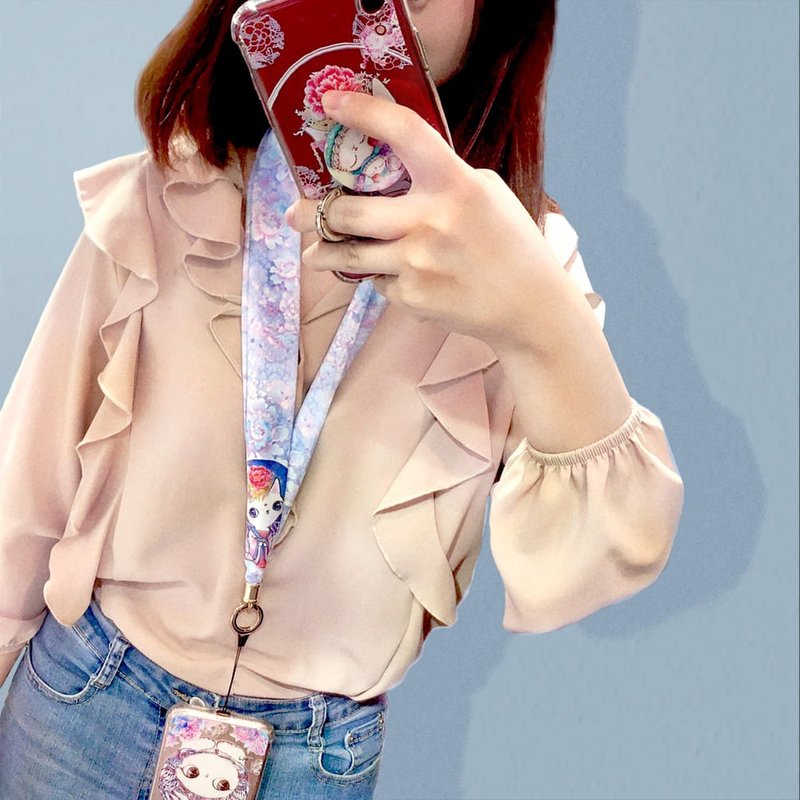 Mobile Phone Lanyard | ID Strap | Silk Scarf Lanyard - Blue Purple Peony • Meow Concubine - เชือก/สายคล้อง - ผ้าไหม สีน้ำเงิน