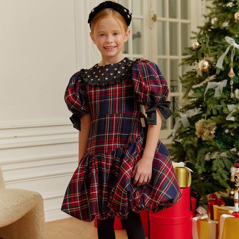 Noël Heart Tartan Dress-Navy - 男/女童禮服 - 其他材質 多色