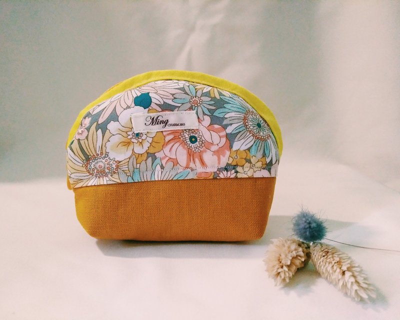 Flower painted open purse (limited) - กระเป๋าสตางค์ - ผ้าฝ้าย/ผ้าลินิน สีส้ม