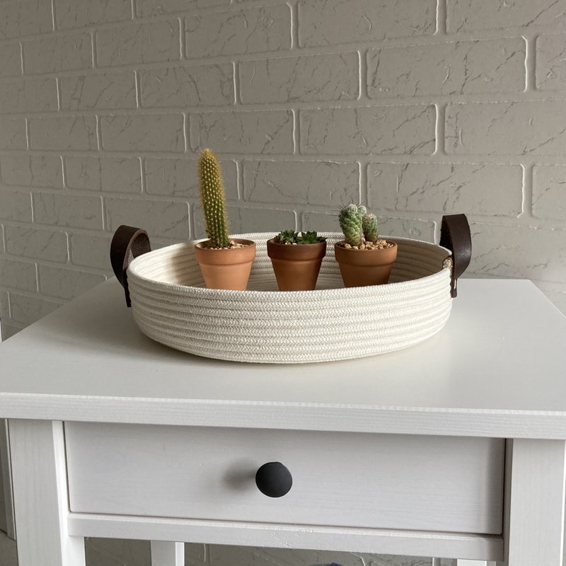 Coffee table tray White rope tray with handle Cotton rope basket - Shelves & Baskets - Cotton & Hemp White