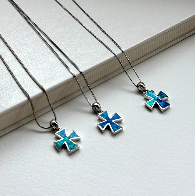 [Simple Silver Jewelry with Cross Pattern] Opal 925 Cross Necklace - Necklaces - Semi-Precious Stones Blue