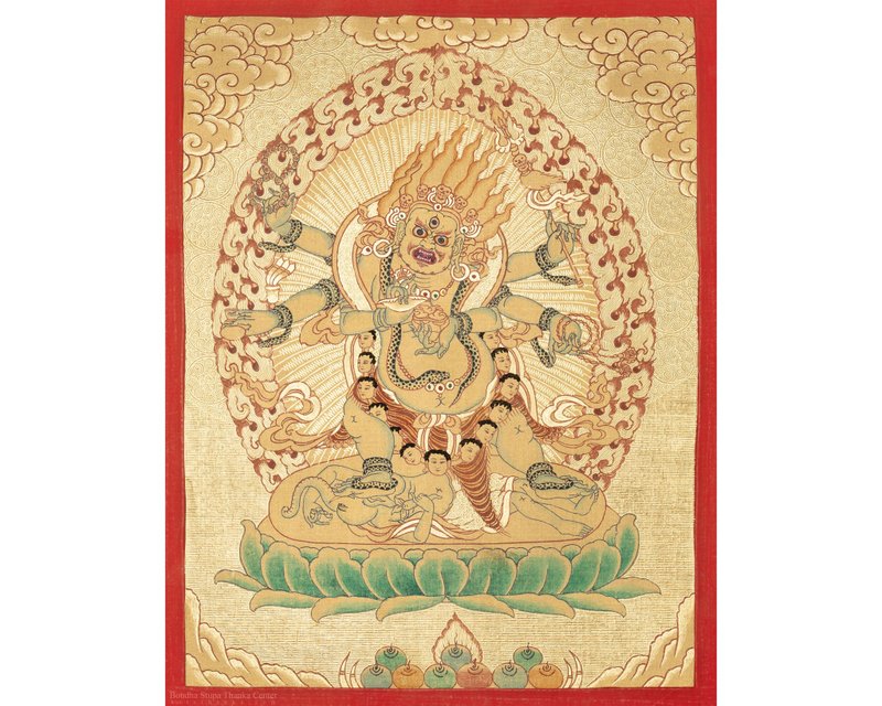 Majestic Mahakala Thangka, Protector with Six Arms, Handcrafted - Wall Décor - Other Materials Multicolor