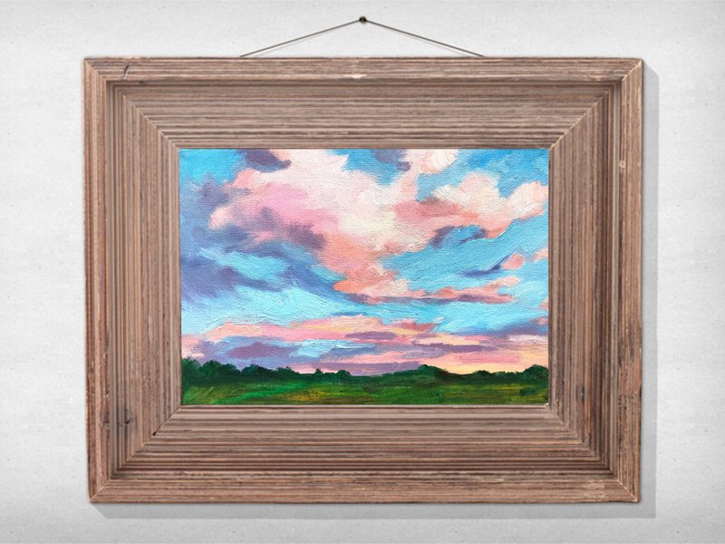 Sunset sky painting Pink clouds Original oil canvas painting 7x9 wall art by Ana - Wall Décor - Other Materials Pink