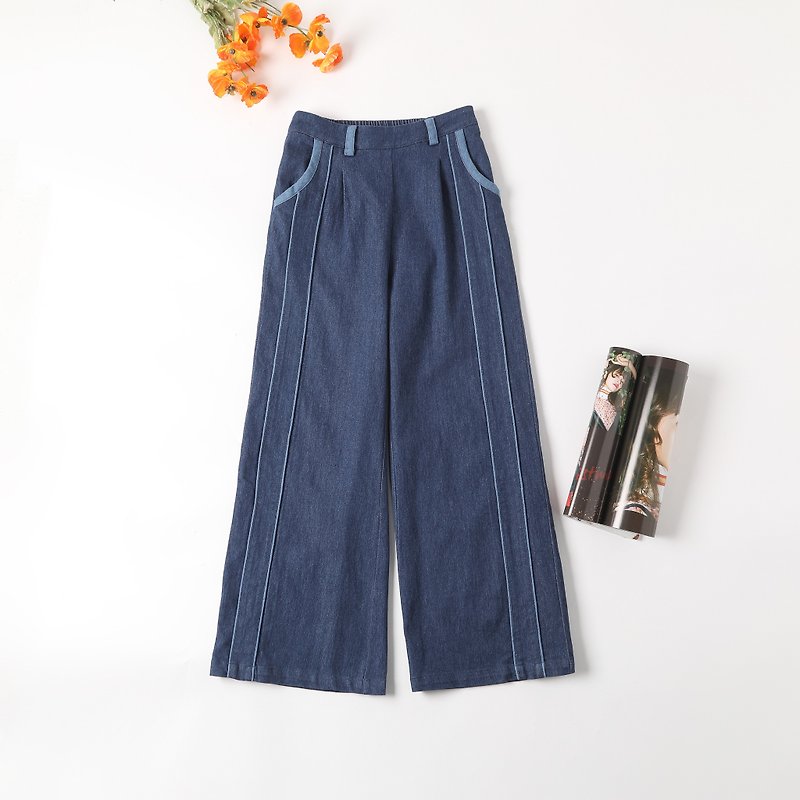 Color Block Piped Wide-Leg Jeans | Dark Blue | Micro-stretch - Women's Pants - Cotton & Hemp Blue