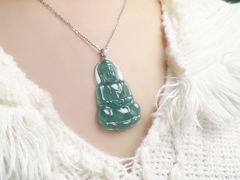 Blue Water Guanyin | Natural A-grade ice species blue water jade Guanyin necklace/K gold - Necklaces - Jade Blue