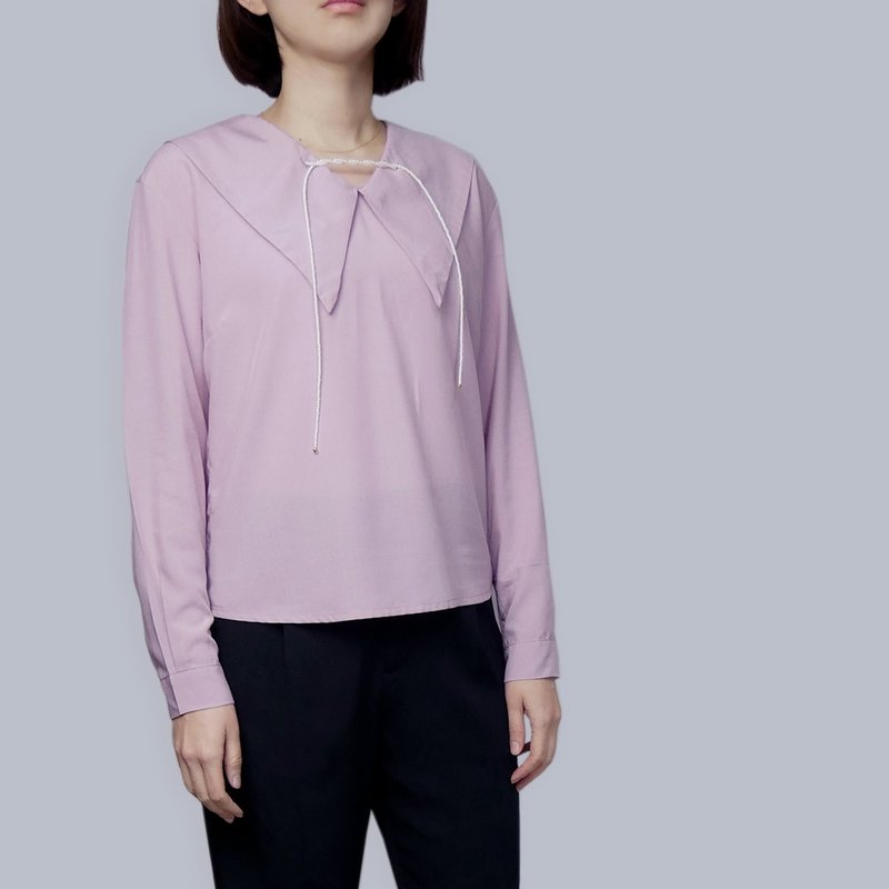 Pink Tencel Cotton Beaded Collar Shirt - เสื้อผู้หญิง - ไฟเบอร์อื่นๆ สึชมพู