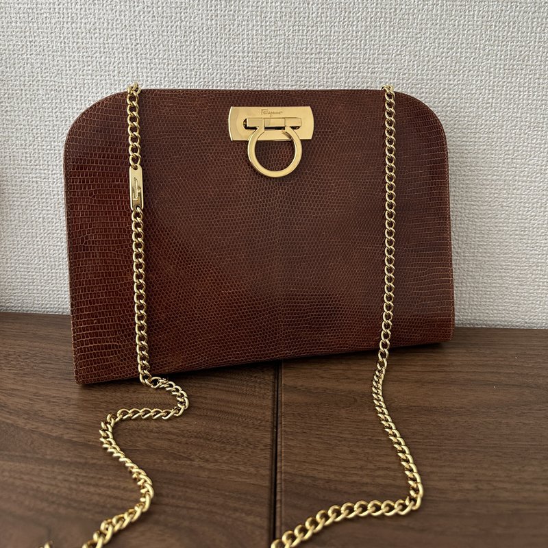 Salvatore Ferragamo 菲拉格慕 Gancini 蜥蜴皮 棕色 鍊條單肩包 - 側背包/斜背包 - 真皮 咖啡色