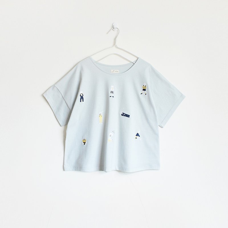 cat boy t-shirt : blue gray - 女 T 恤 - 棉．麻 灰色