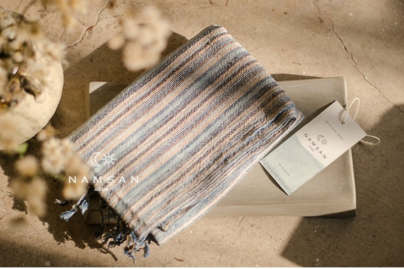 Afar | Ayi's hand-woven plant dyed cotton tassel scarf shawl 100% natural hand-woven cotton - ผ้าพันคอถัก - ผ้าฝ้าย/ผ้าลินิน สีน้ำเงิน