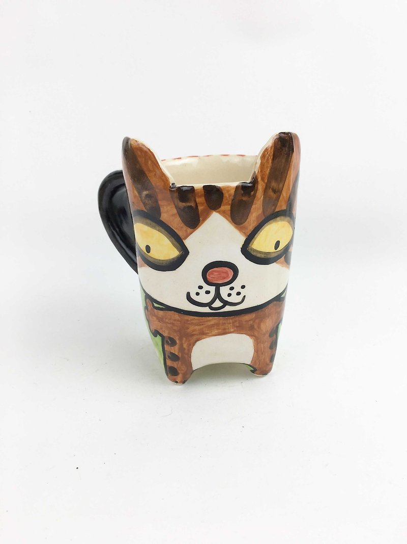 Nice Little Clay handmade ear cup flower cat 0112-03 - แก้วมัค/แก้วกาแฟ - ดินเผา สีเขียว