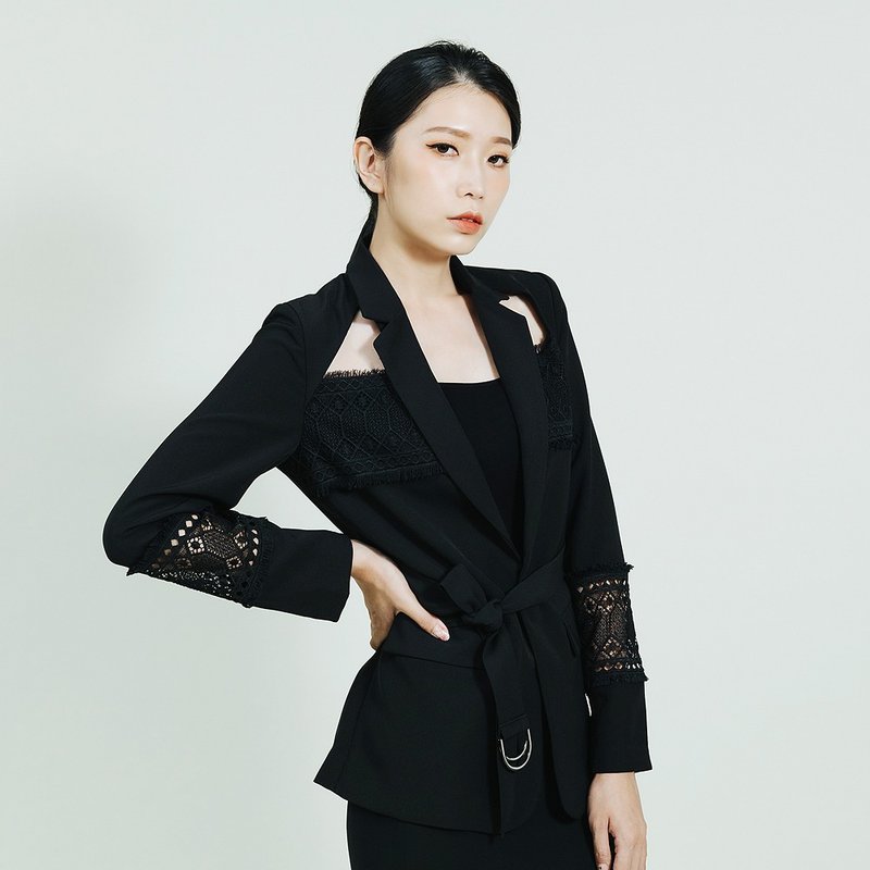 AVVJOY | 法式鏤空設計顯瘦西裝外套 - 女西裝外套 - 其他材質 黑色