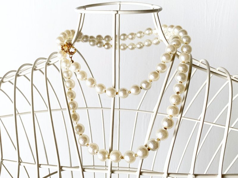 2WAY: パールビーズ ロングネックレスと2連ネックレス (Gold / 86cm/10mm round beads) - 長項鍊 - 塑膠 白色