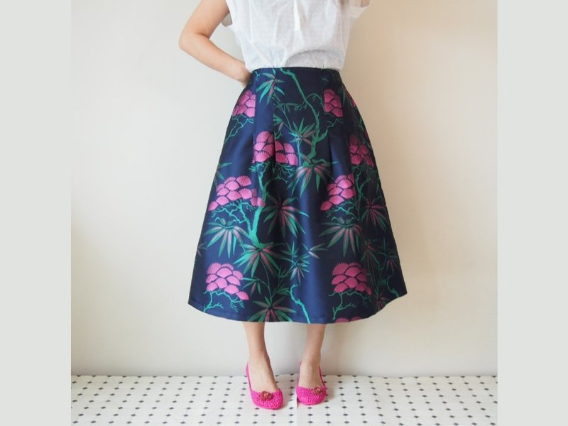 KABUKI Skirt -キモノチックな織り柄のスカート ミディ丈 70cm丈 - 裙子/長裙 - 絲．絹 藍色