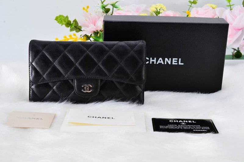 [LA LUNE] Second-hand Chanel black sheepskin long silver wallet side crossbody long clip handbag WOC - กระเป๋าแมสเซนเจอร์ - หนังแท้ สีดำ