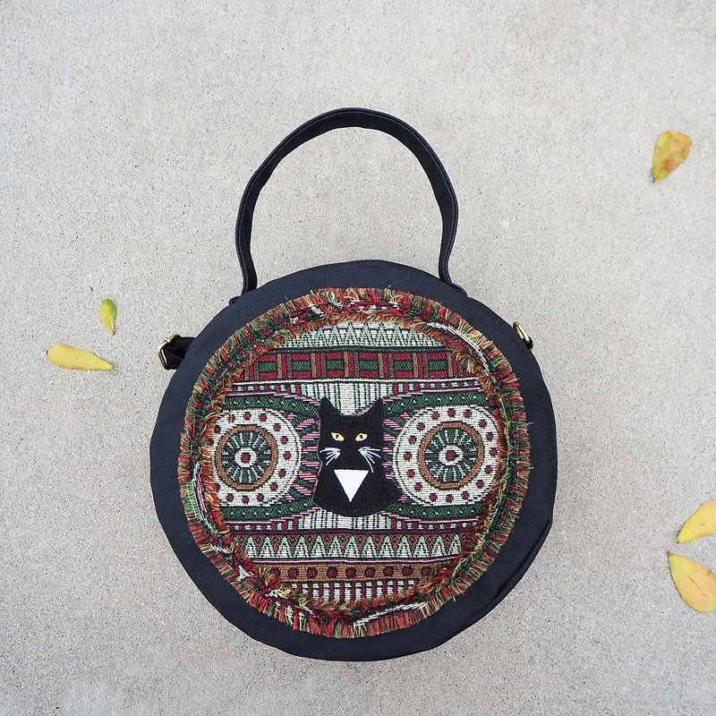Folk Style Circle Handbag - Messenger Bags & Sling Bags - Cotton & Hemp Black