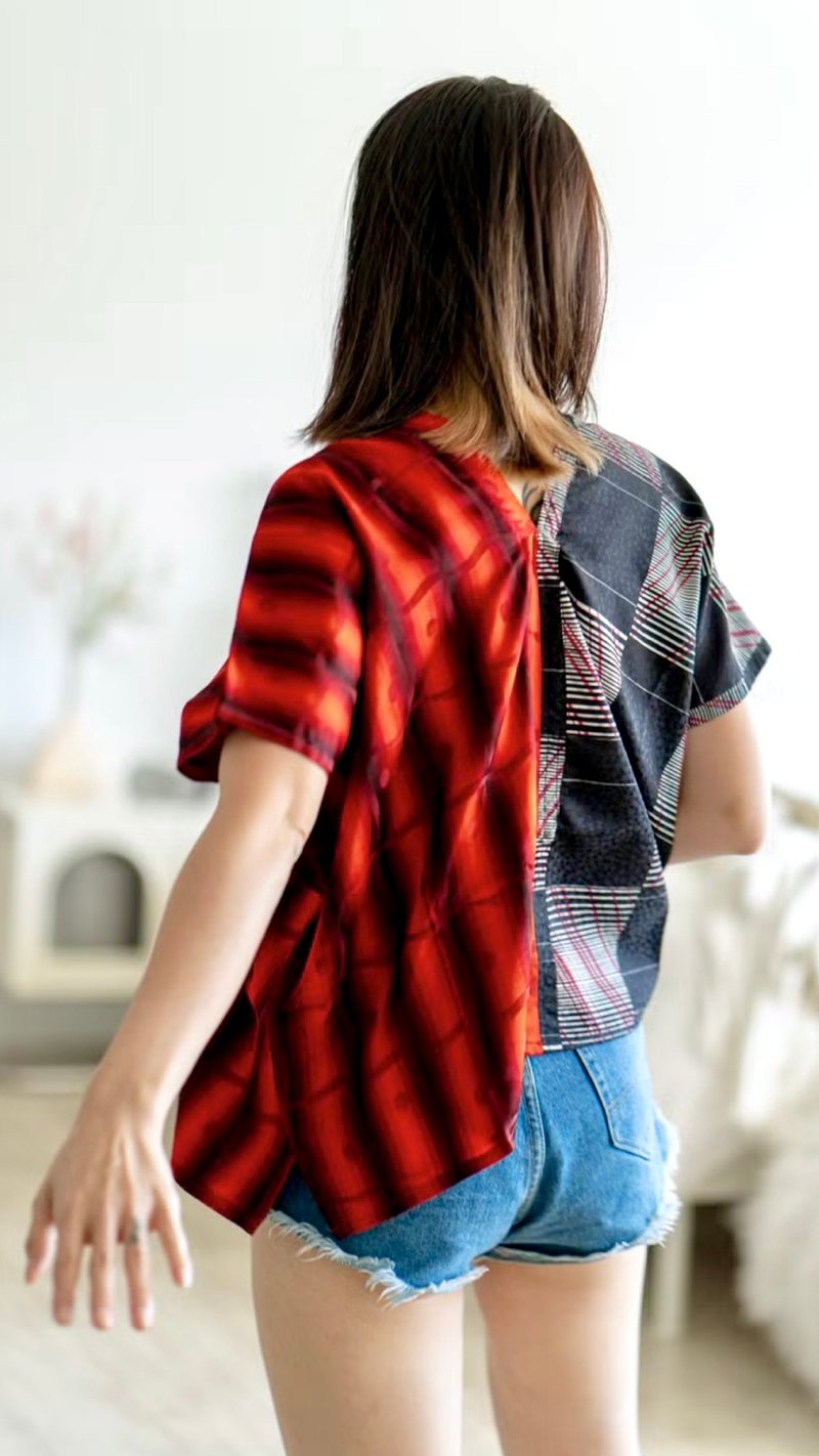 幾何学ライン 赤黒コントラスト スクエアトップス ルーズフィットカーディガン - トップス - コットン・麻 多色