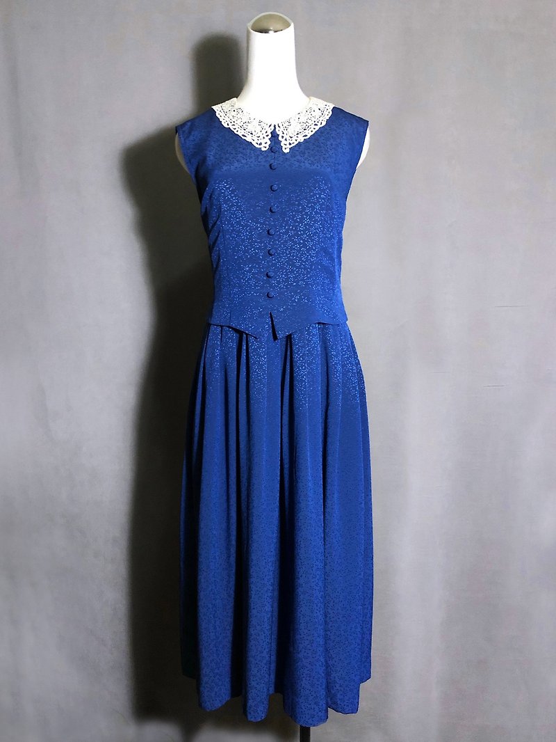 Knit collar flower texture light antique sleeveless dress / bring back VINTAGE abroad - One Piece Dresses - Polyester Blue