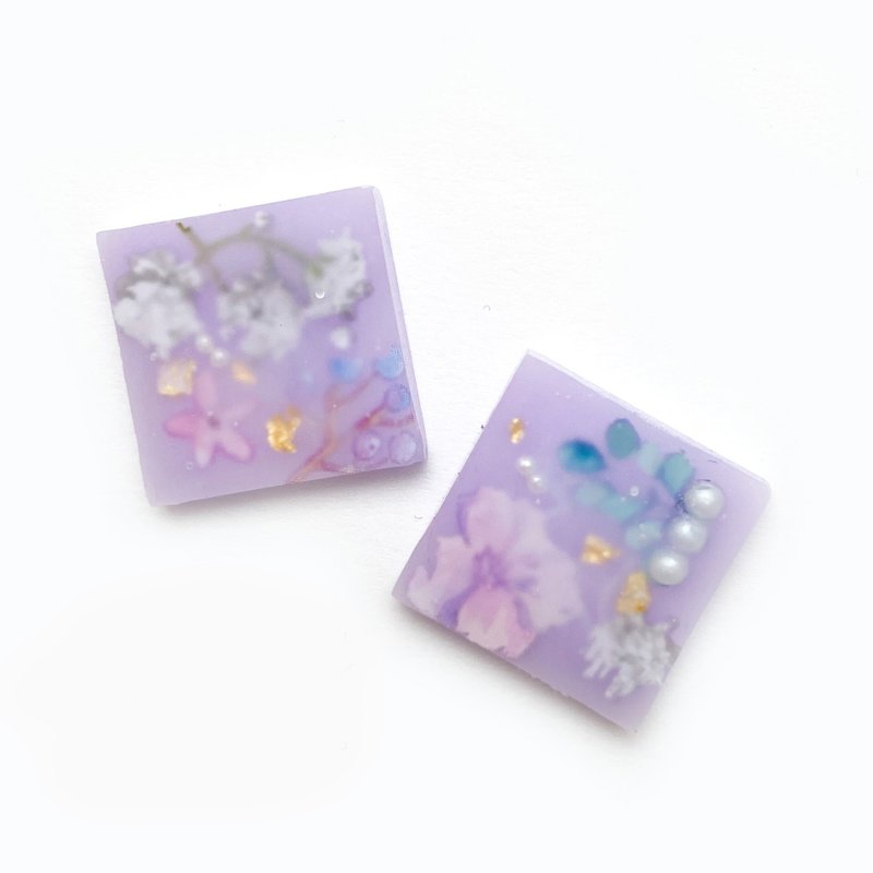 日本樹脂紫色薄紗珍珠水彩耳環.耳夾 - 耳環/耳夾/耳骨夾 - 樹脂 紫色