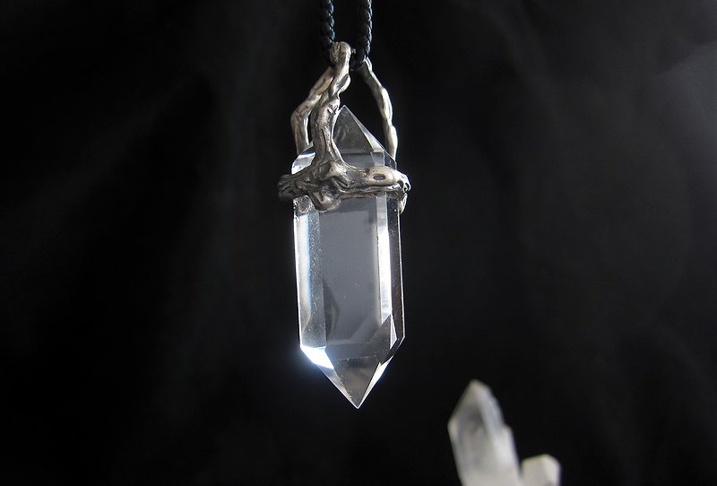 Original design Silver inlaid natural white crystal column pendant with rope pendant - Necklaces - Sterling Silver Black