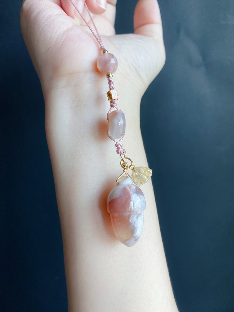 【售出】櫻花瑪瑙 栗子 蓮蓬 助孕 閨密 天然石 禮物 包掛 手機掛 - 鑰匙圈/鑰匙包 - 水晶 粉紅色