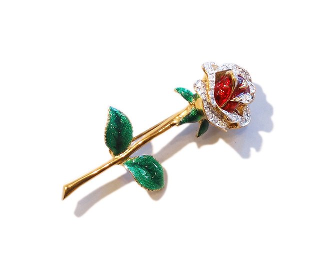 Vintage rose rhinestone enamel brooch - Shop panic-art-market 