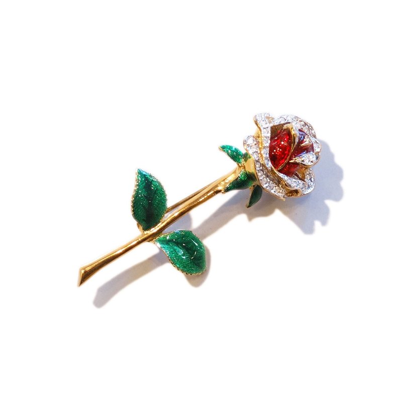 Vintage rose rhinestone enamel brooch - 胸針 - 其他金屬 紅色