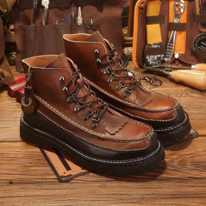 Men's Martin Boots Retro Genuine Leather High Top Shoes Work Boots For Male - รองเท้าบูธผู้ชาย - หนังแท้ สีนำ้ตาล